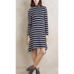 Anthropologie Maeve Sm Navy Striped Turtle Neck Swing Dress French Girl Style